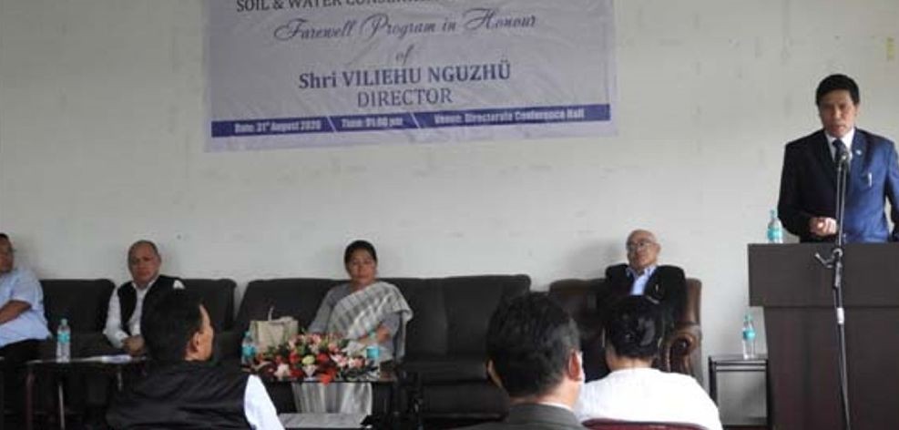 Department of Soil & Water Conservation outgoing Director, Viliehu Nguzhü speaking during the farewell programme held at the Directorate’s Conference hall, Kohima on August 31. (DIPR Photo)